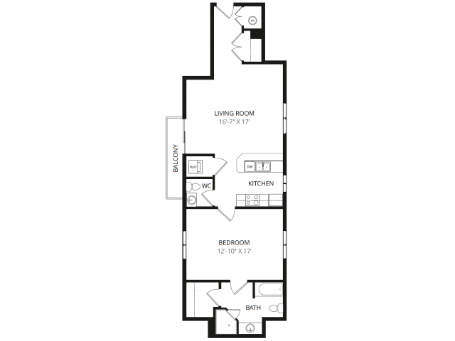 Floor plan for 1 bed, 1.5 baths, 850 sqft